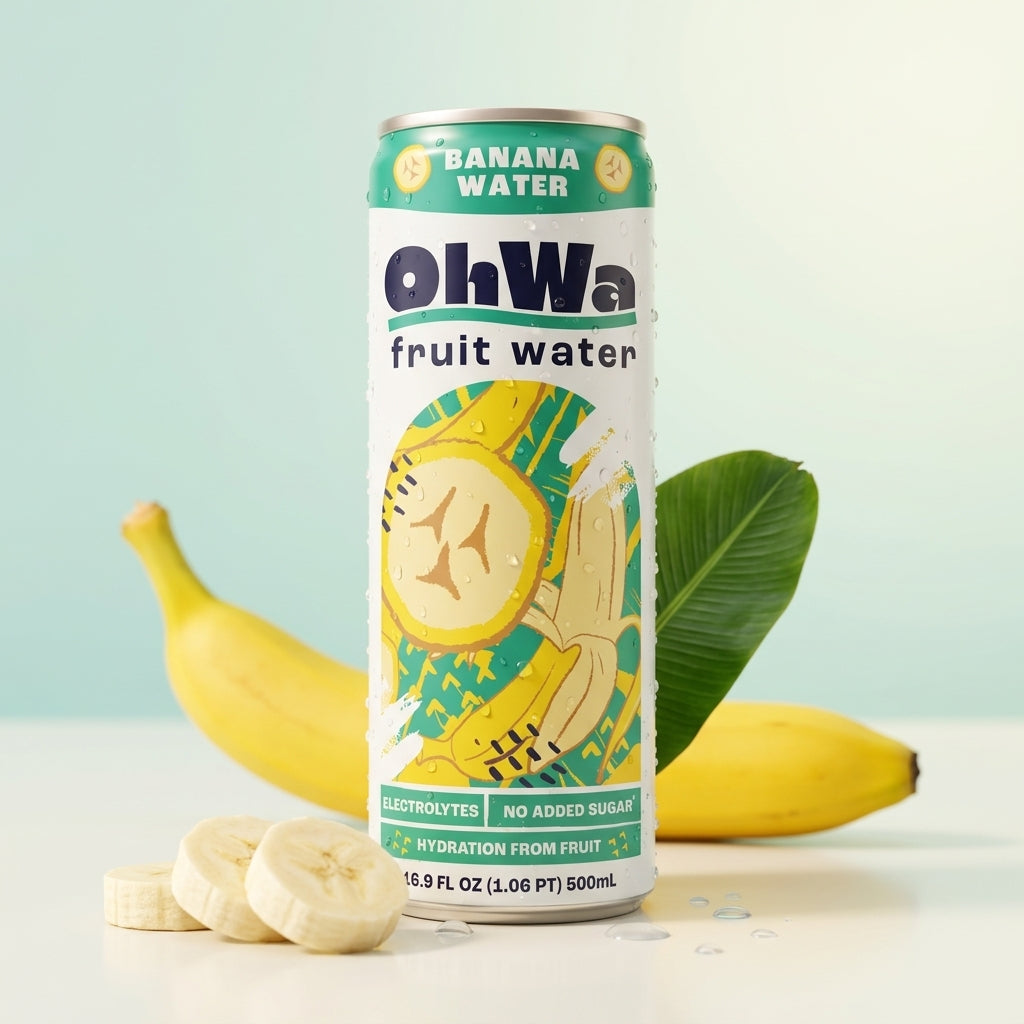 Can of OhWa banana fruit water with a banana and leaves on a light blue background