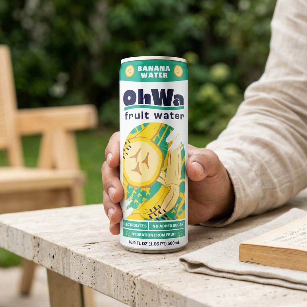 Person holding a can of OhWa banana fruit water outdoors