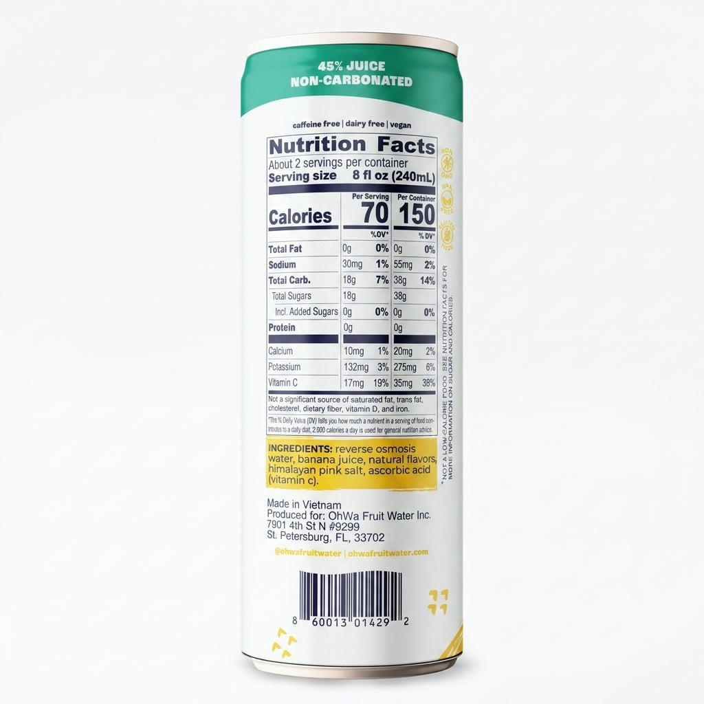 Nutrition facts label on a can of juice with white background
