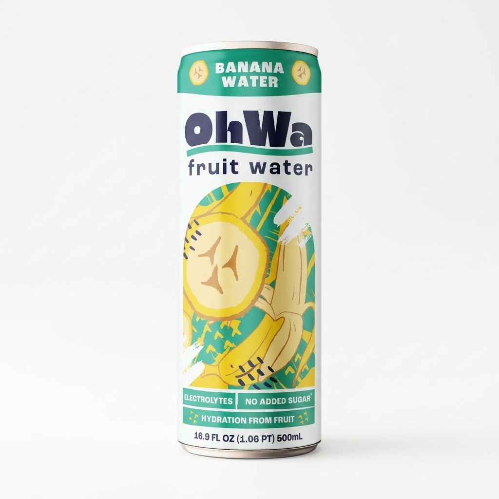 Can of OhWa banana fruit water on a white background