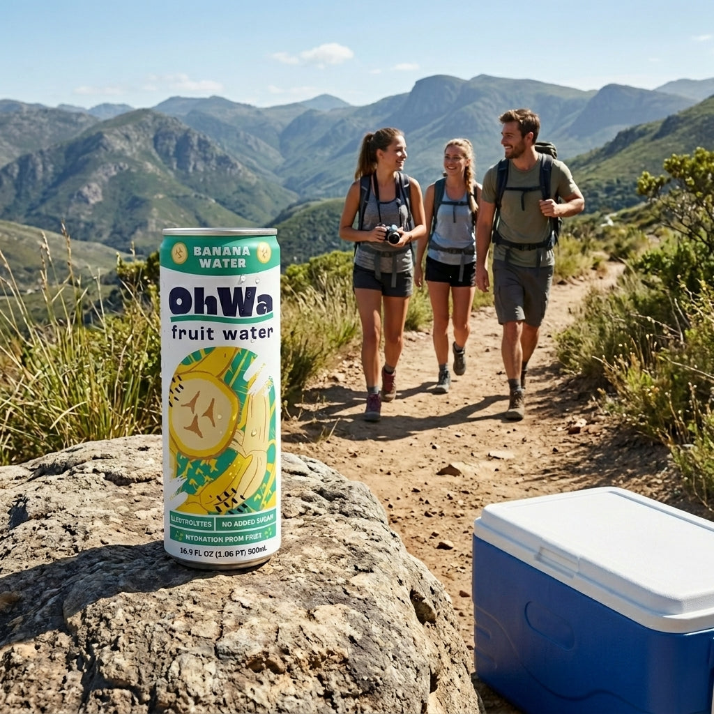 OhWa fruit water can on a rock with hikers in the background