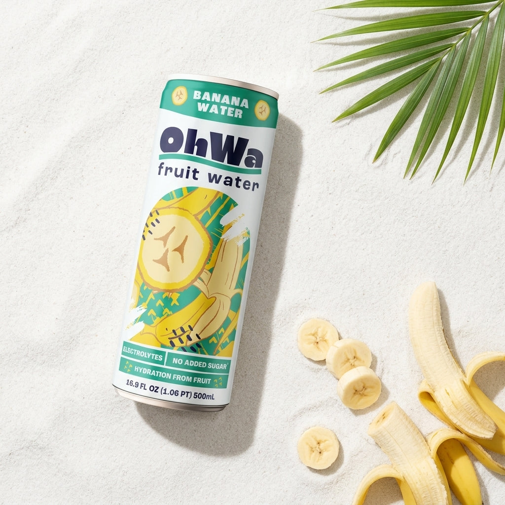 OhWa banana fruit water can with sliced bananas on a light background
