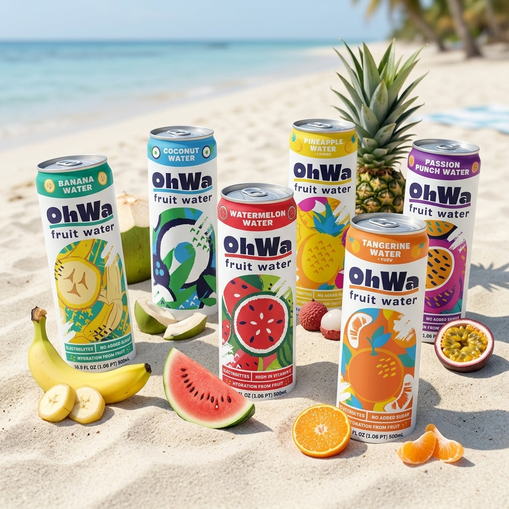 OhWa fruit water cans on a beach with fruits around