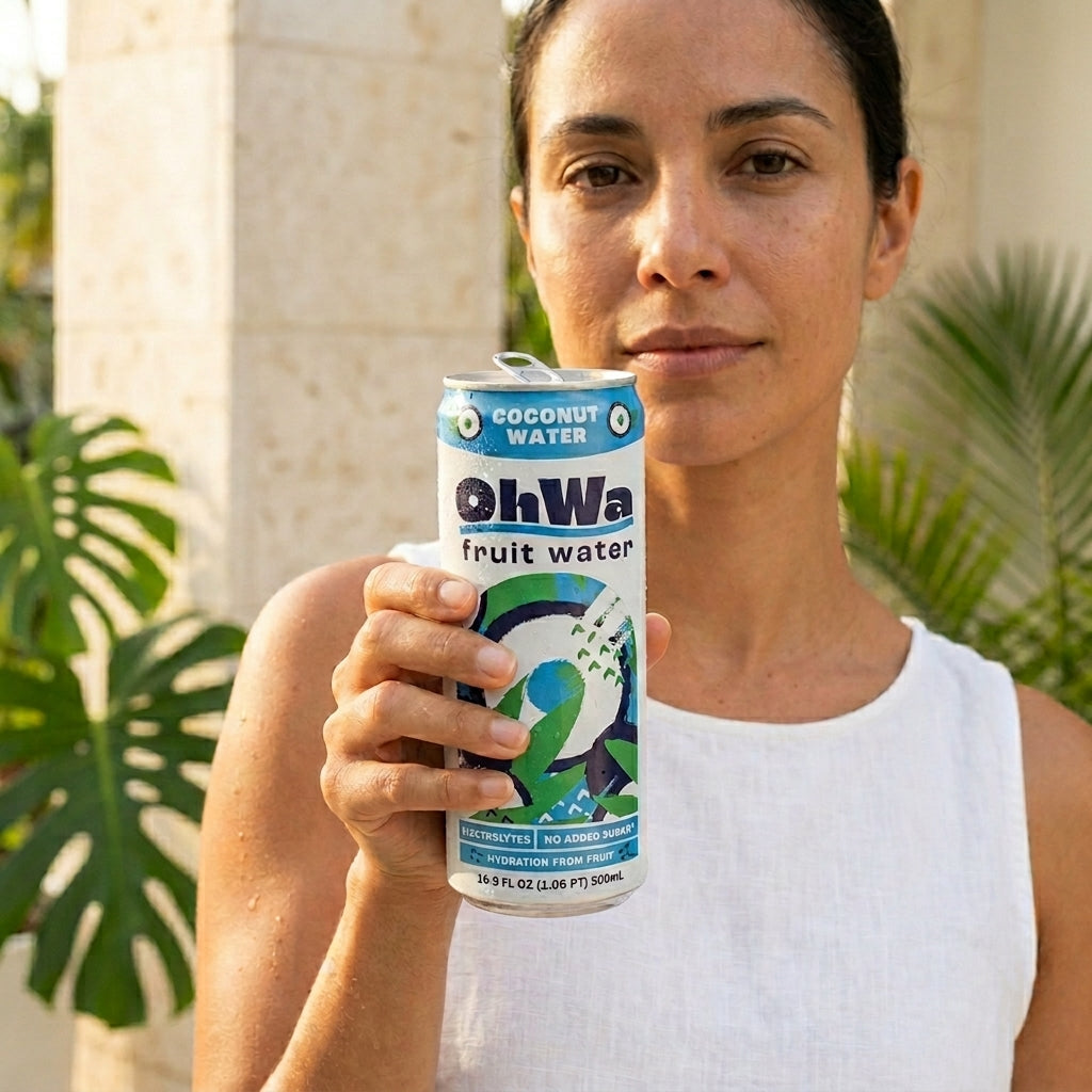 a woman holds a can of OhWa Coconut water with the sun reflecting on her face. 