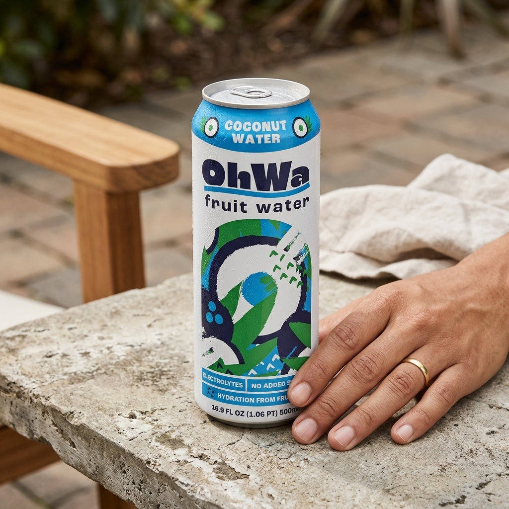 Can of OhWa fruit water on a stone surface with a hand holding it