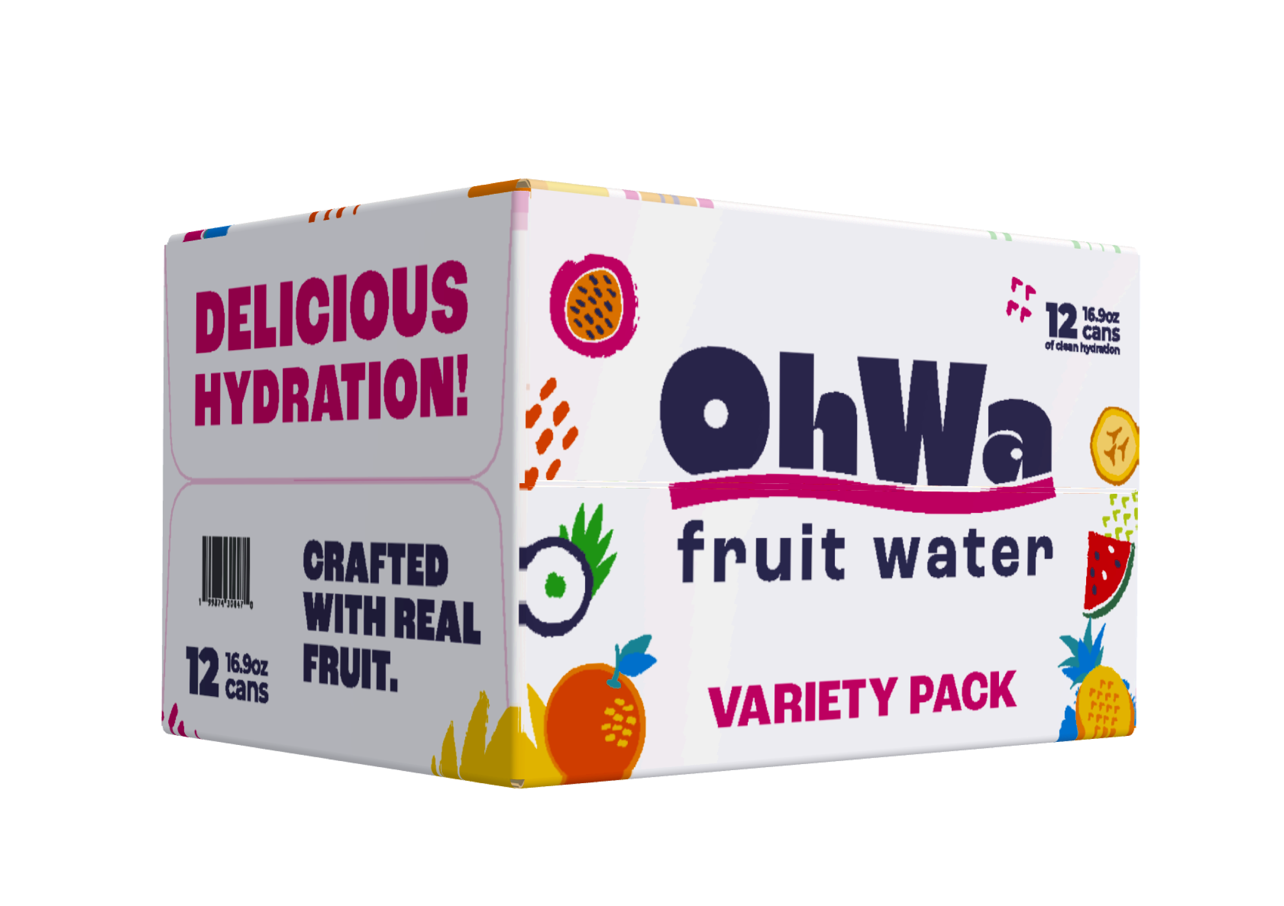 Box of OhWa fruit water variety pack on a white background