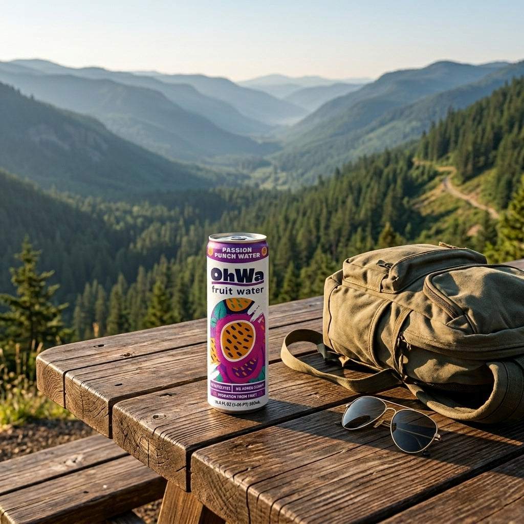 Oh! Wa fruit water can on a wooden table with a scenic mountain view in the background