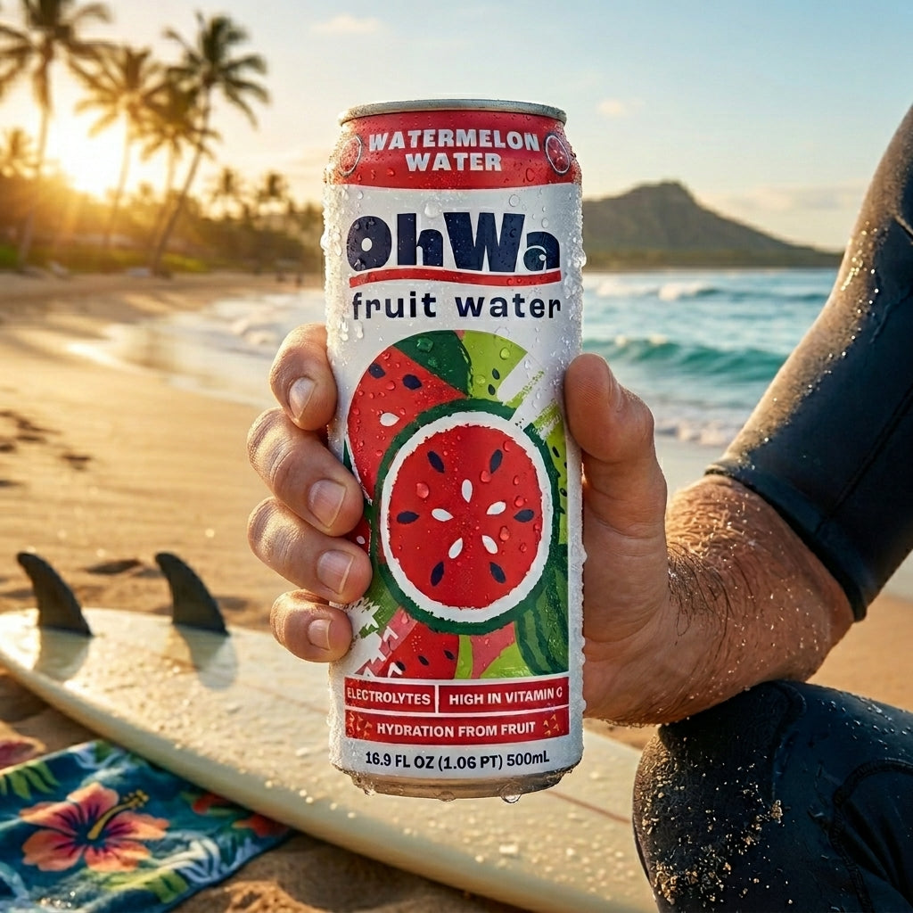 Person holding an OhWa watermelon fruit water can on a beach with palm trees and ocean in the background.