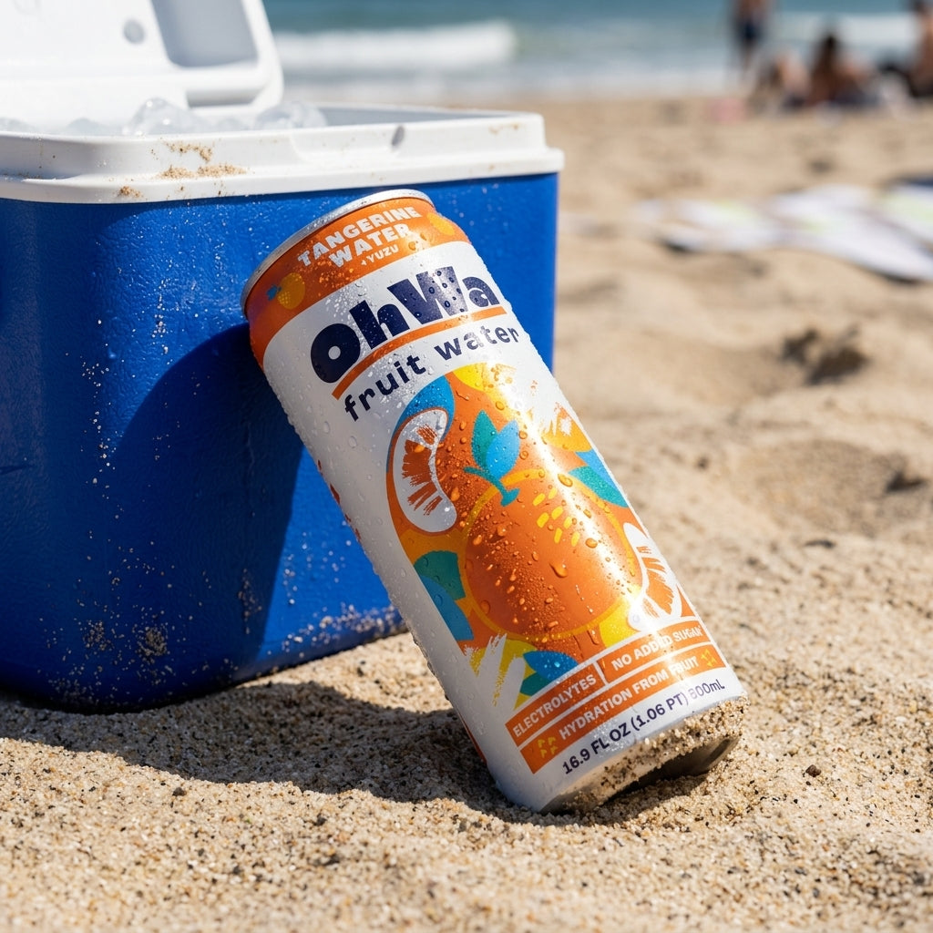 Can of OhWa fruit water on a sandy beach with a cooler in the background.