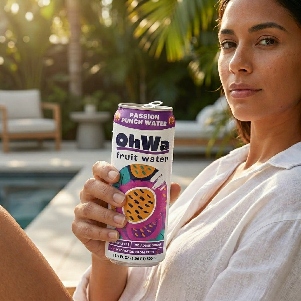 Woman holding an OhWa fruit water can by a poolside