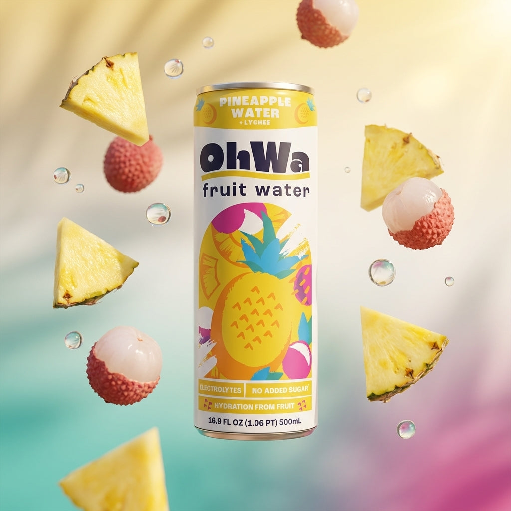 OhWa pineapple fruit water can with pineapple slices and lychees on a colorful background