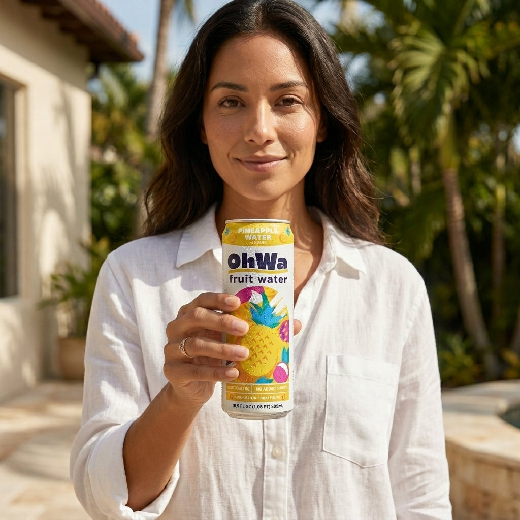 Woman holding a can of OhWa fruit water outdoors