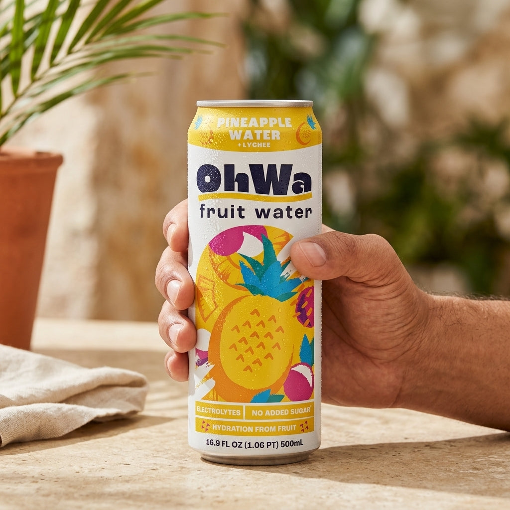 Hand holding a can of ohWa pineapple fruit water with a blurred outdoor background