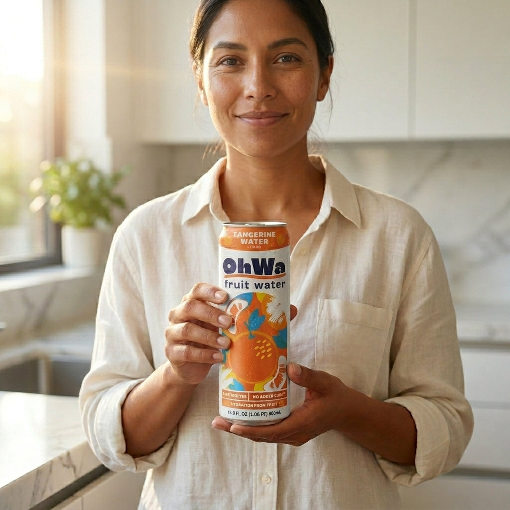 Woman holding a can of OhWa fruit water in a kitchen