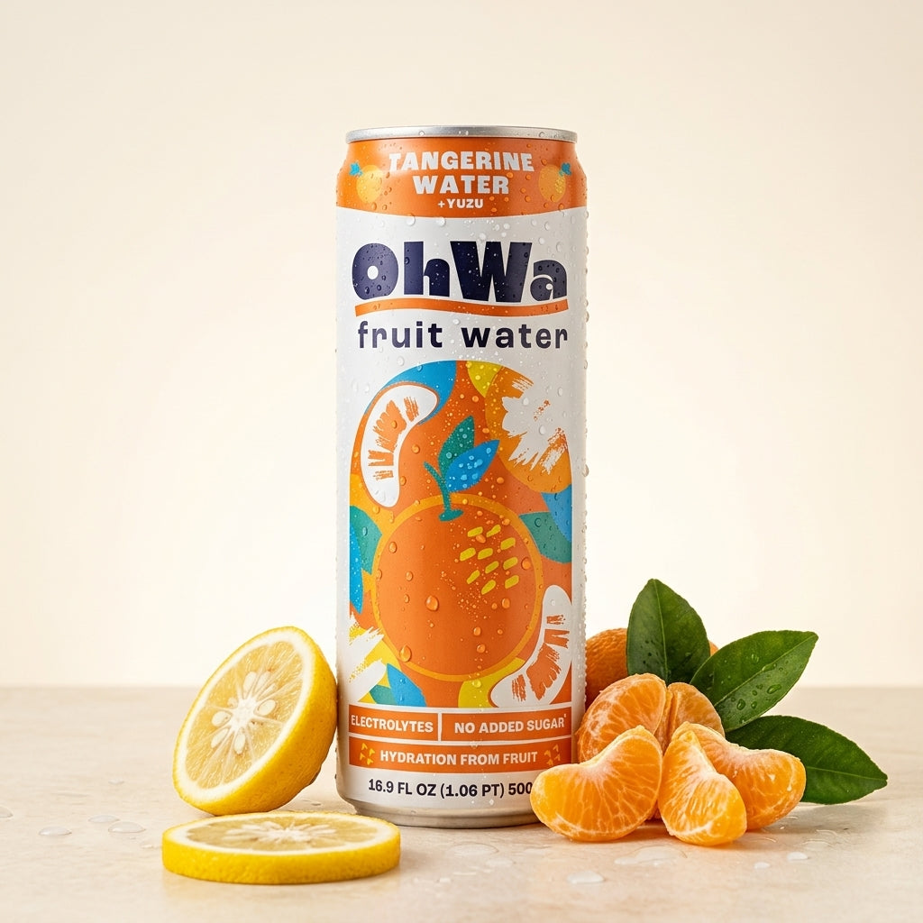 OhWa tangerine fruit water can with tangerines and lemon on a light background