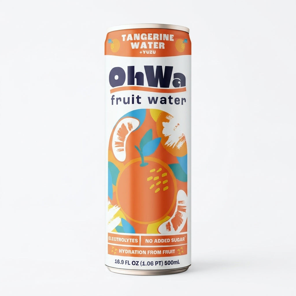 OhWa fruit water can with tangerine and yuzu flavor on a white background