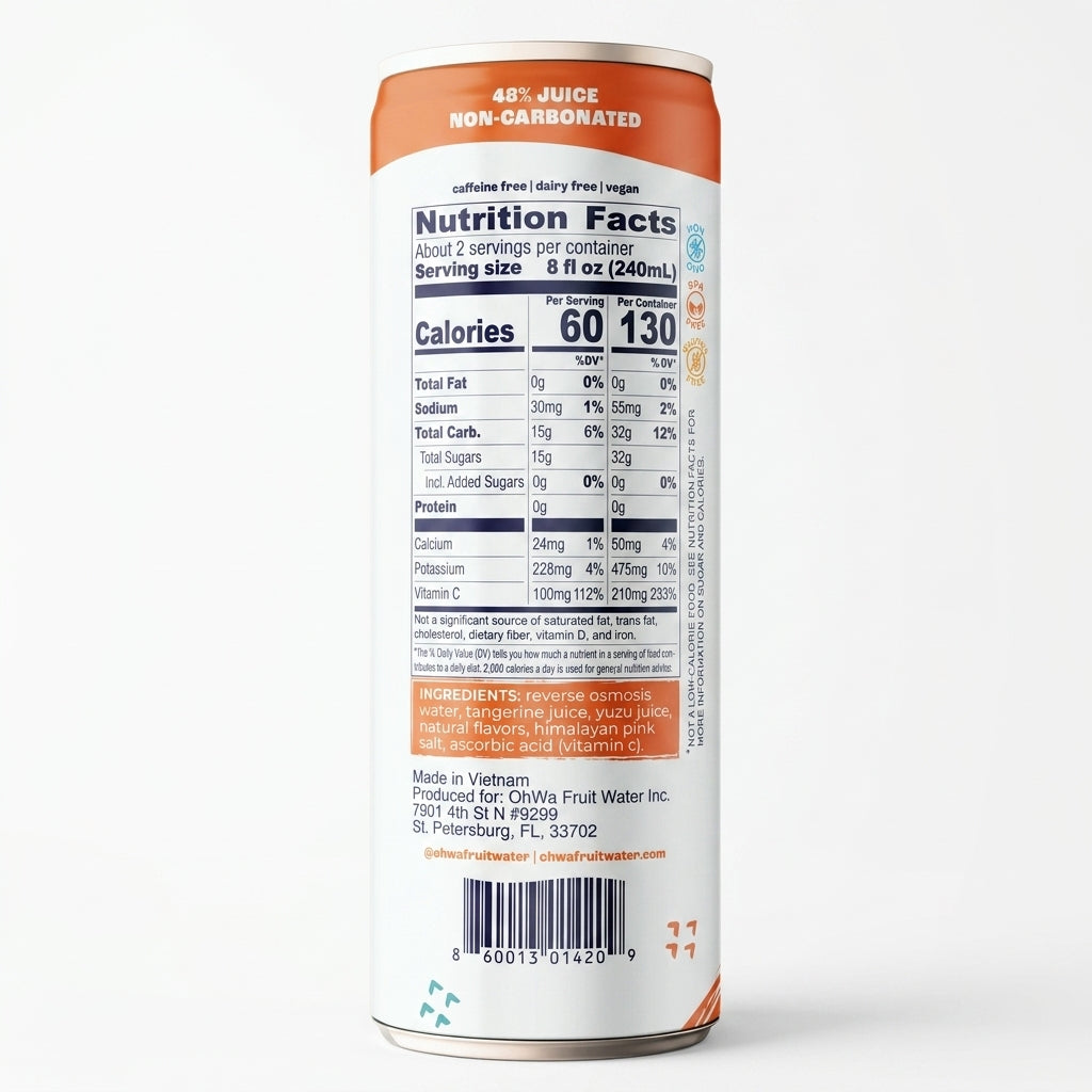Nutrition facts label on a can of juice with white background