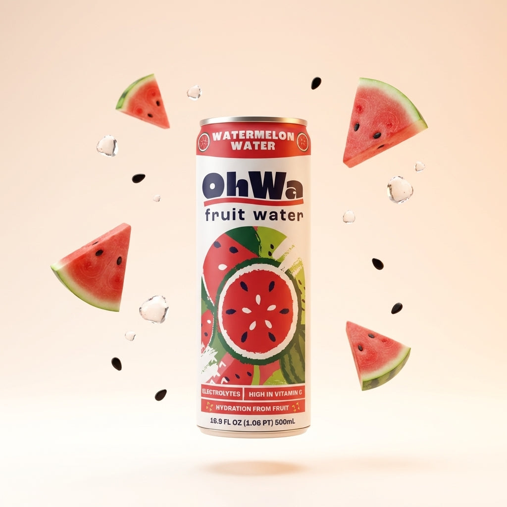 OhWa watermelon fruit water can with watermelon slices on a beige background