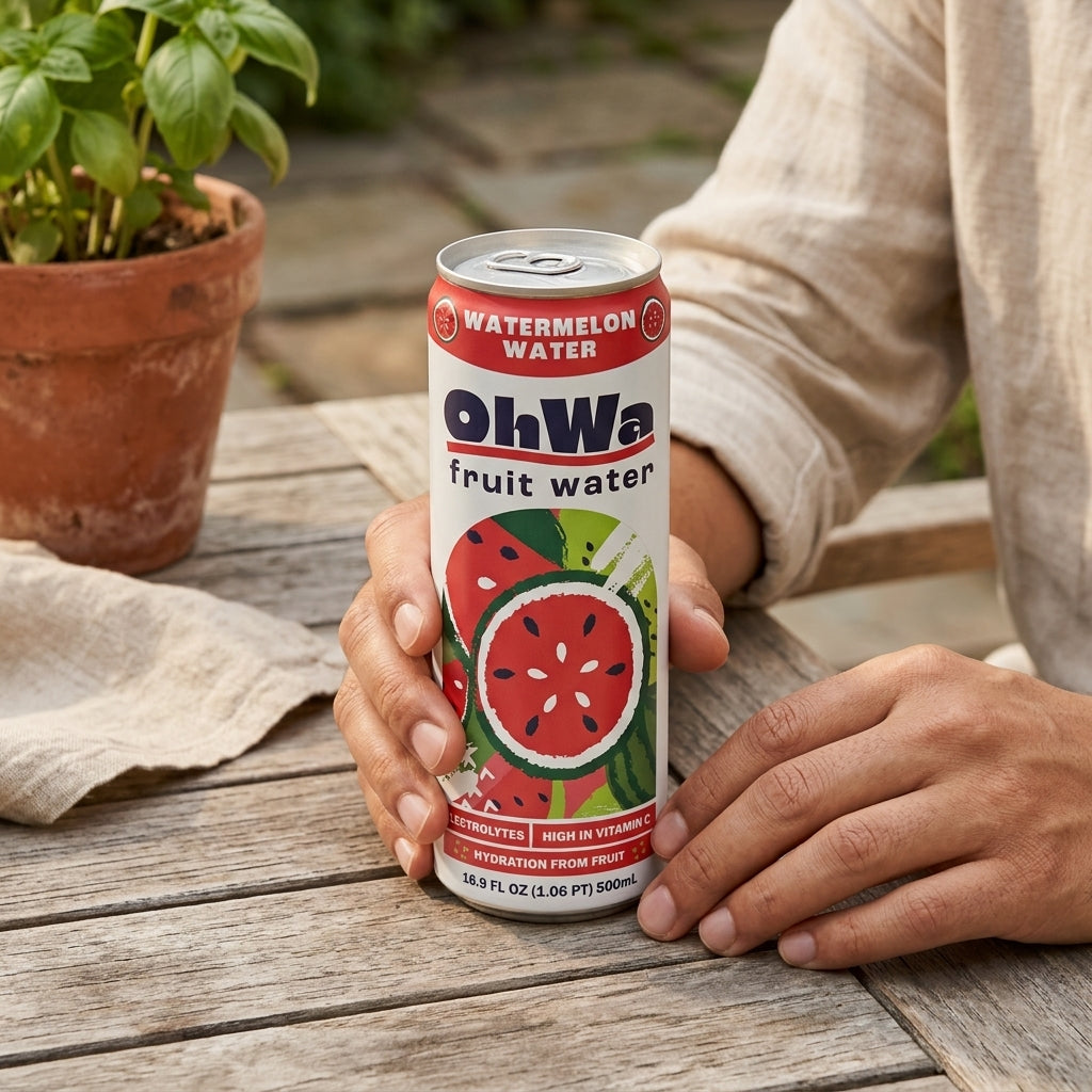 Person holding an OhWa watermelon fruit water can on a wooden surface with a plant in the background