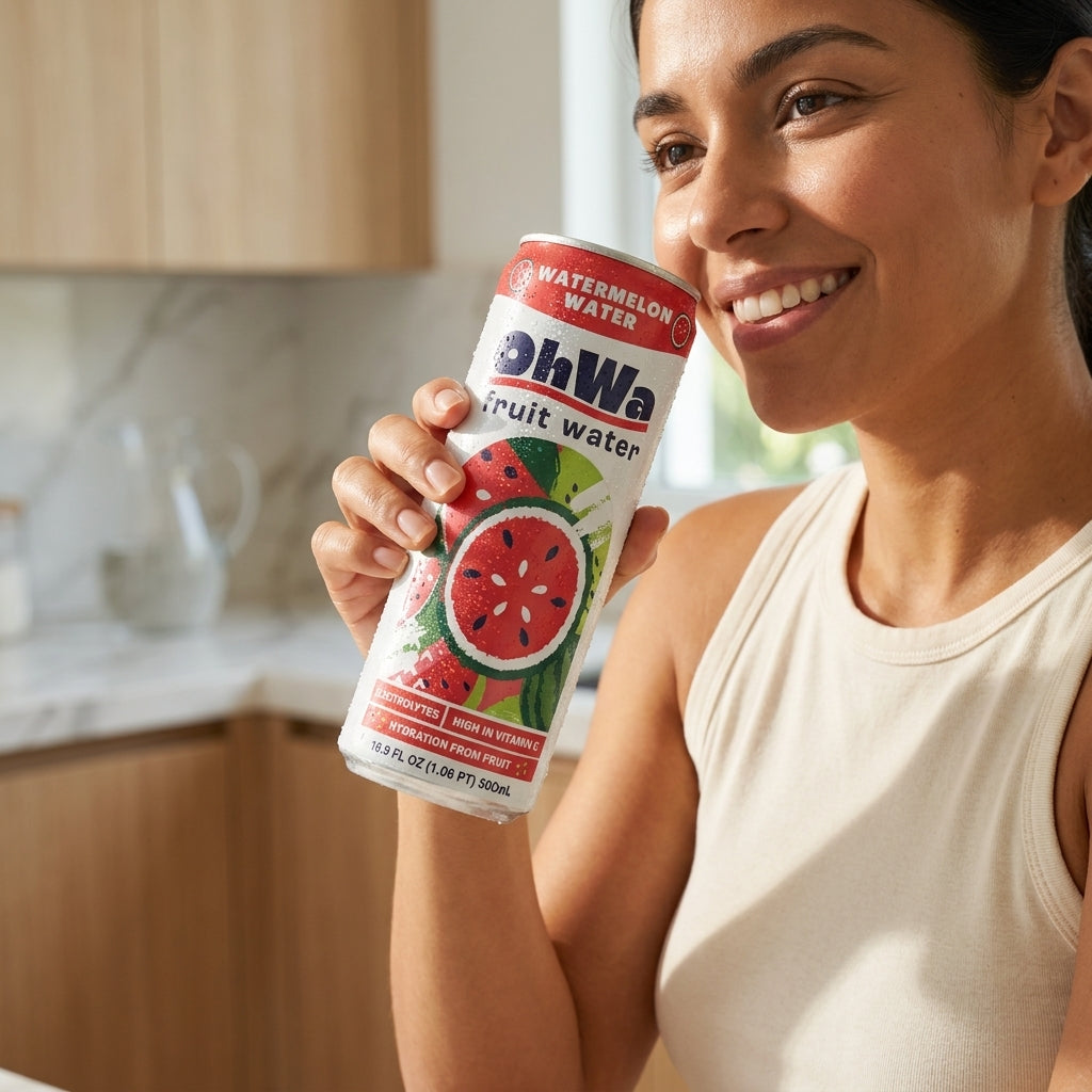 Woman holding an OhWa watermelon water can in a kitchen