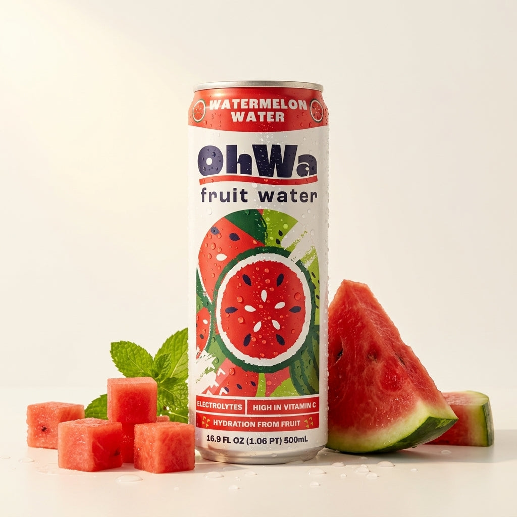 OhWa watermelon fruit water can with watermelon slices and chunks on a light background