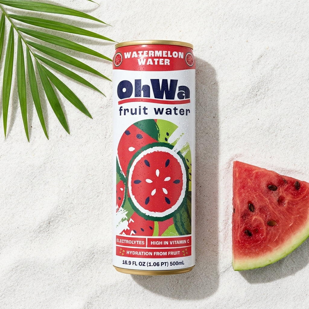 OhWa watermelon fruit water can with a slice of watermelon on a white background