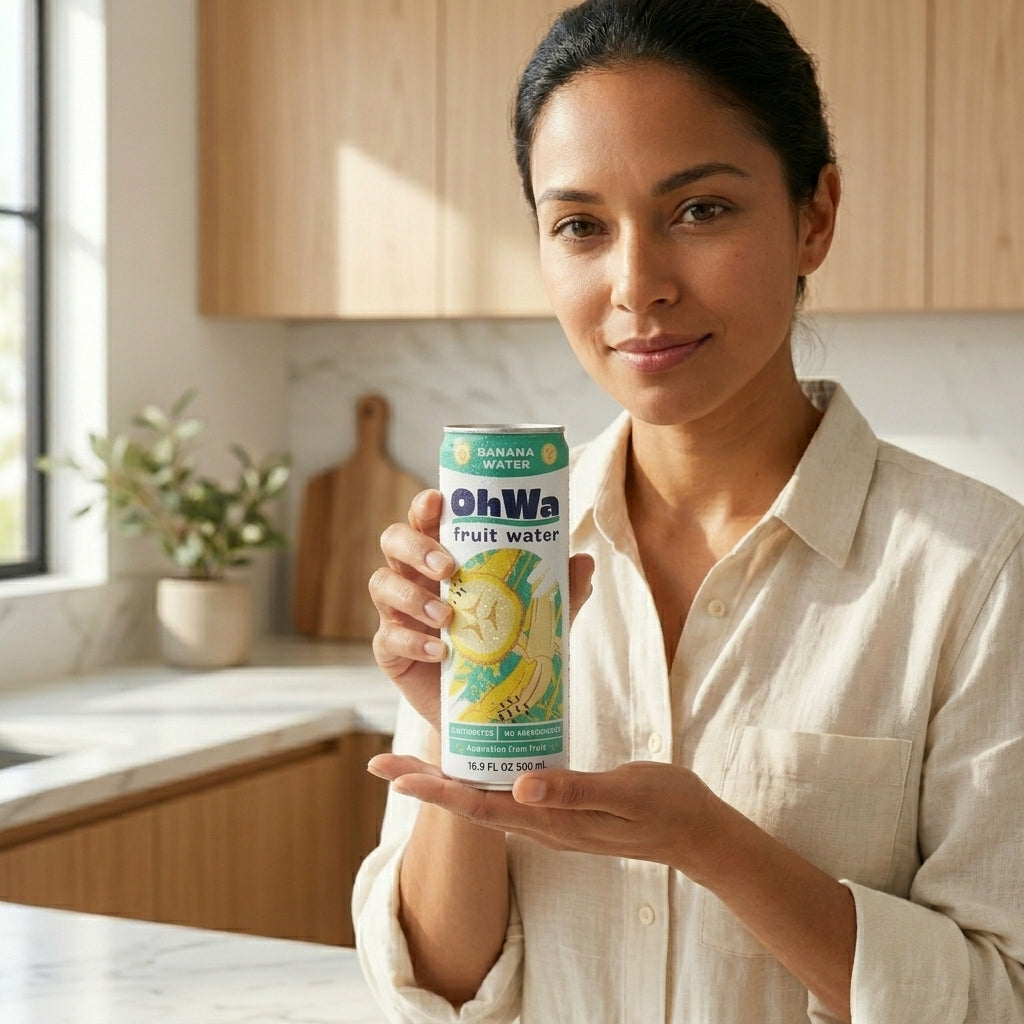 Woman holding a can of OhWa fruit water in a kitchen