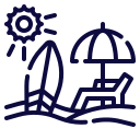Icon of a beach scene with a sun, umbrella, and lounge chair.