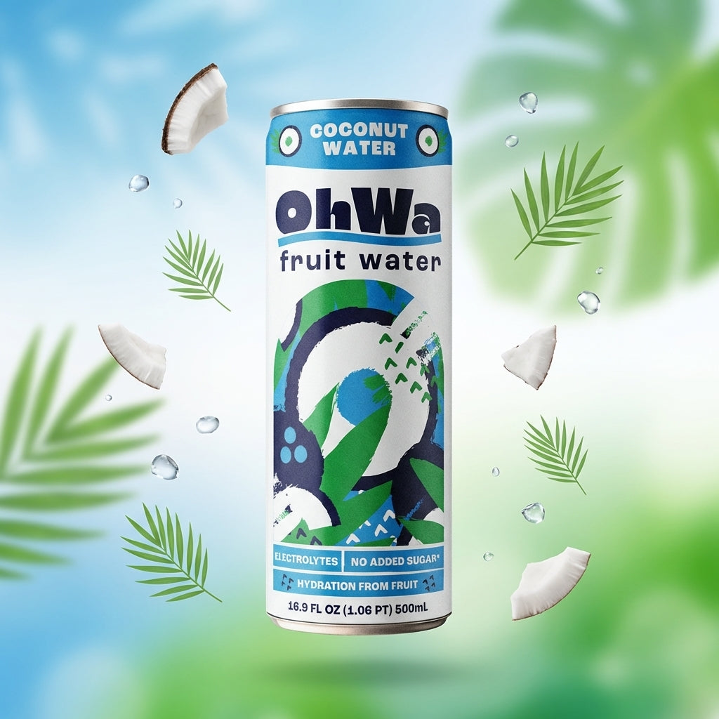 Can of ohWa coconut fruit water with coconut pieces and palm leaves on a green and blue gradient background