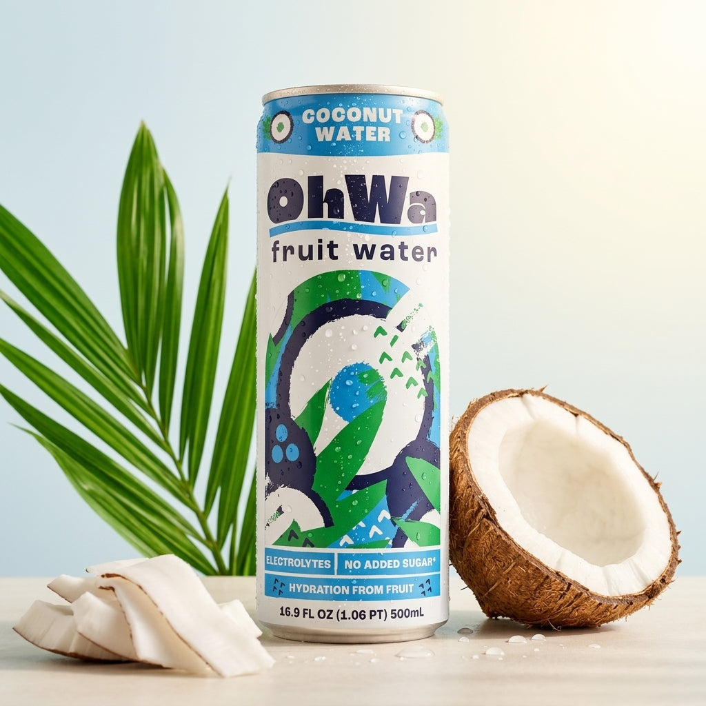 OhWa coconut water can with a coconut and palm leaves on a light blue background