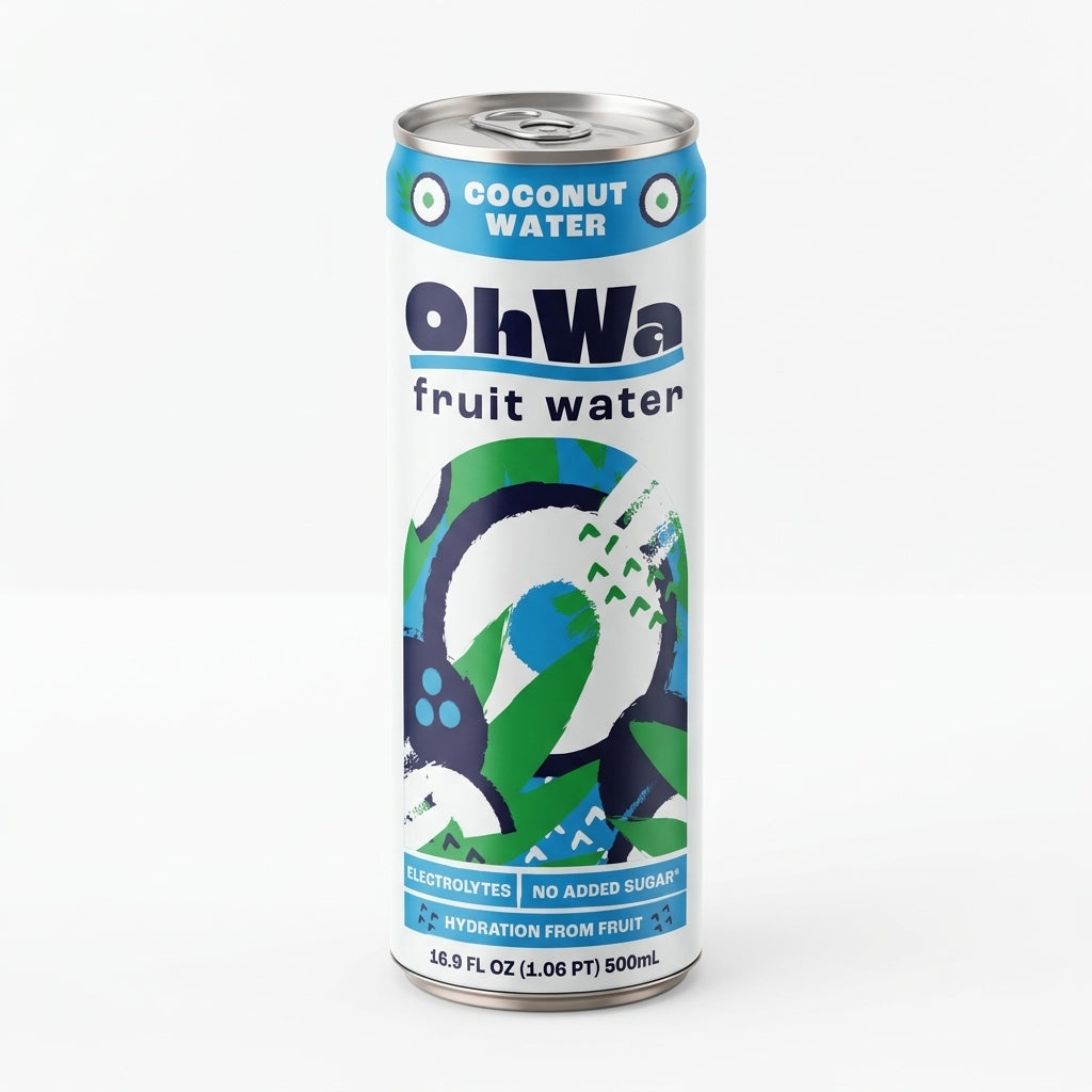 Can of OhWa coconut water on a white background