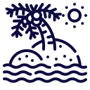Icon of a snowflake falling onto water with a sun in the background