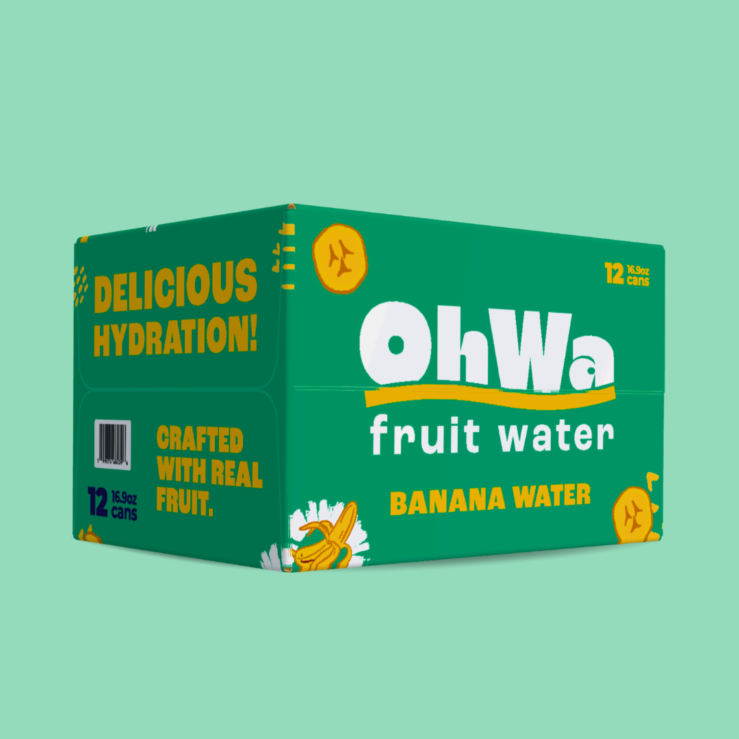 Box of OhWa banana fruit water on a green background