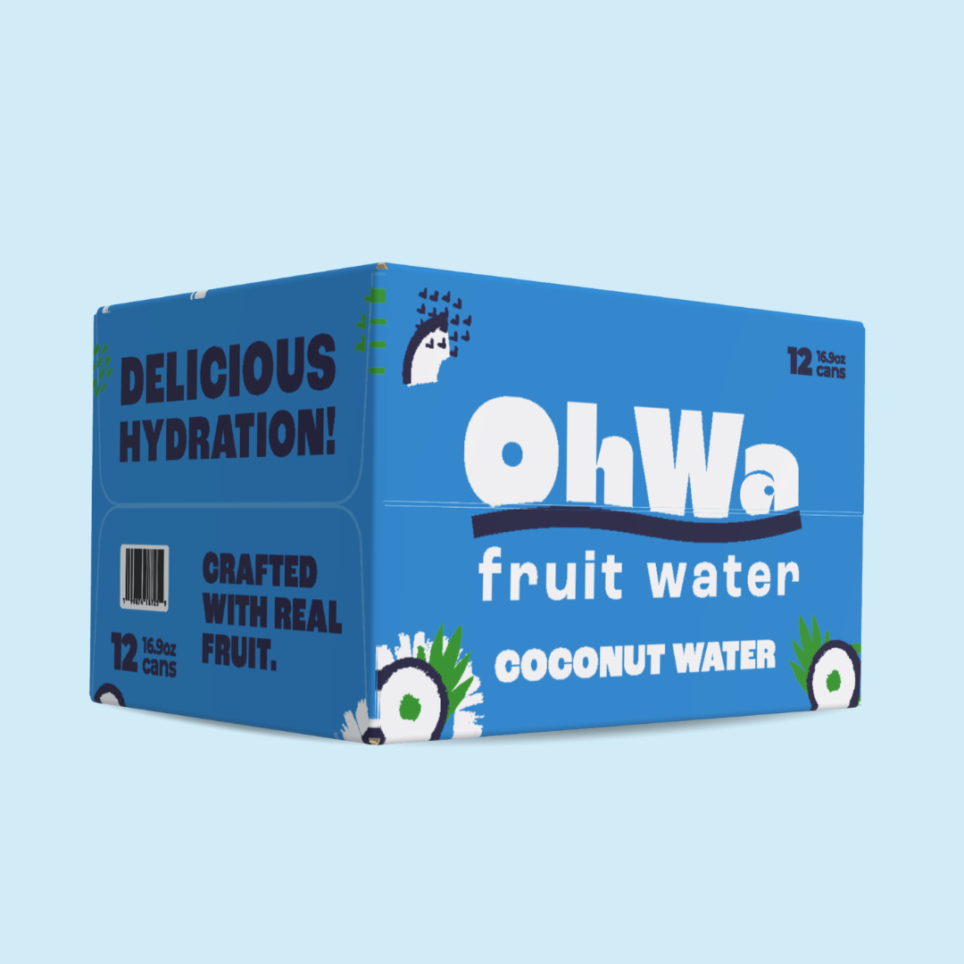Box of OhWa coconut water on a light blue background