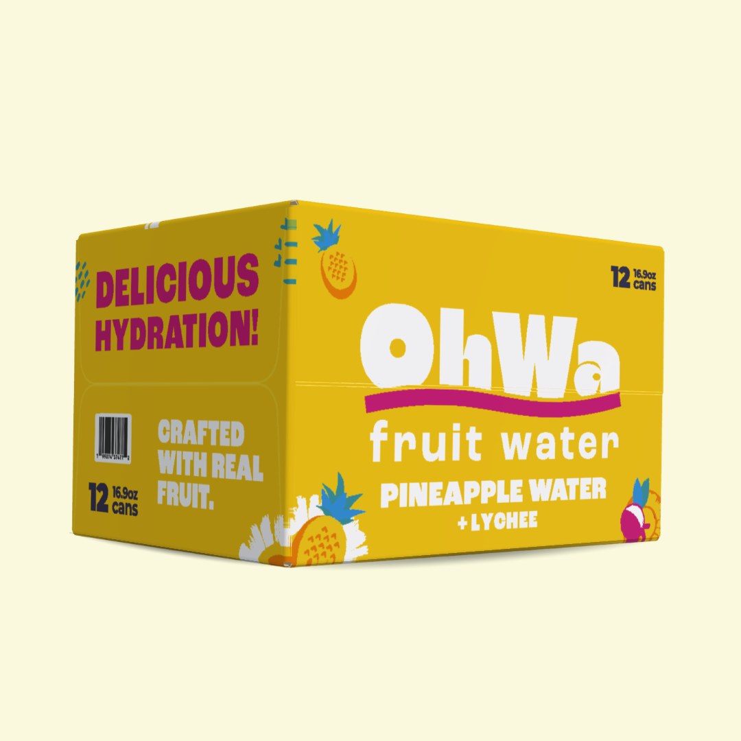 Box of OhWa pineapple water + lychee fruit water on a beige background