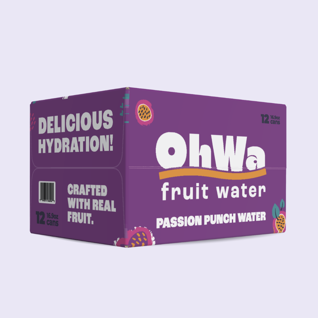 Purple box of OhWa passion fruit water on a light purple background