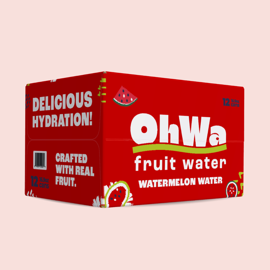 Red box of OhWa watermelon fruit water on a beige background