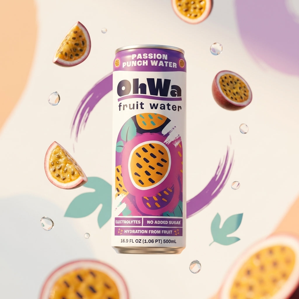 Can of ohWa passion punch fruit water with colorful design on a light background