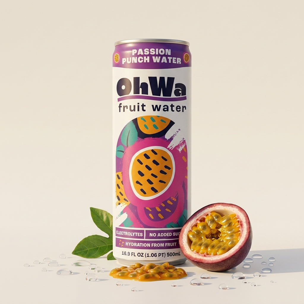 Can of ohWa passion fruit water with a passion fruit on a light background