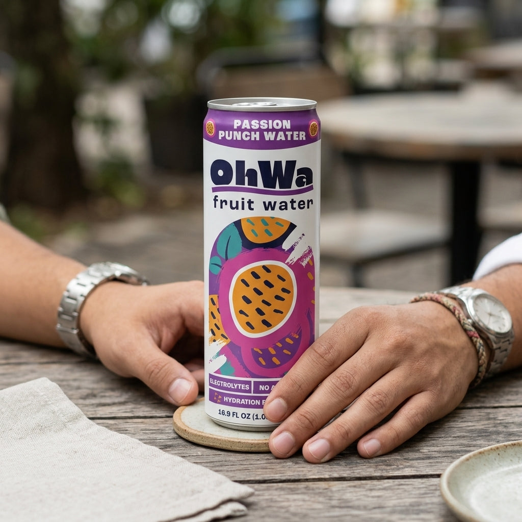 OhWa fruit water can on a table with hands holding it, blurred background