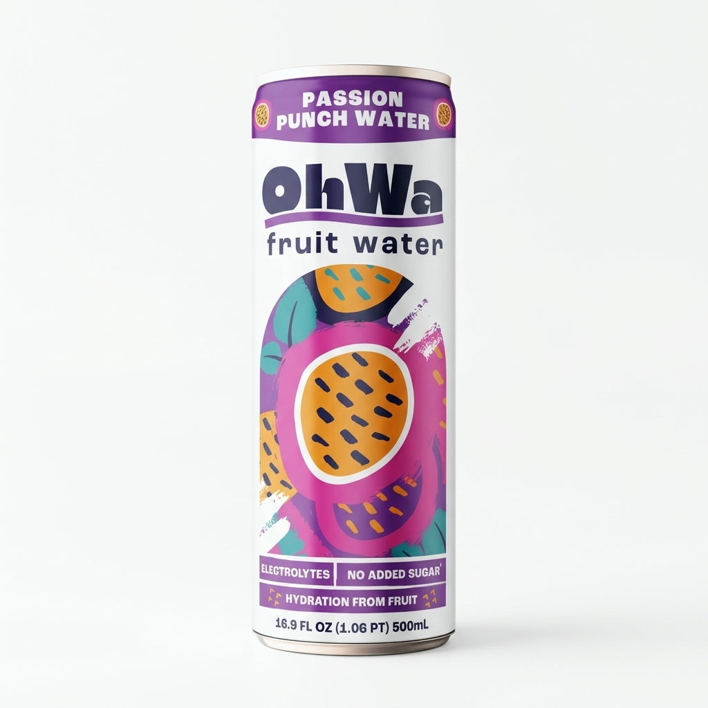 Can of ohWa passion punch fruit water on a white background