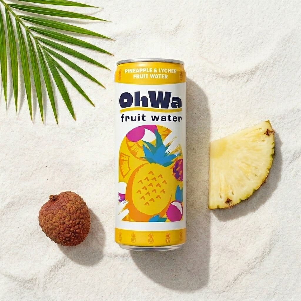 OhWa fruit water can with pineapple and lychee on a white background