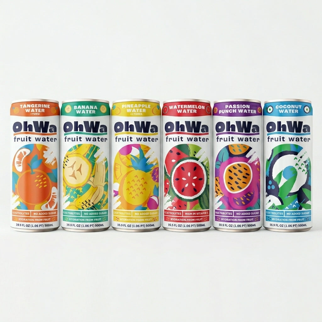 Row of OhWa fruit water cans with colorful designs on a white background