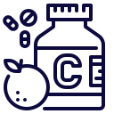 Icon of a vitamin C bottle with an orange and leaves on a white background